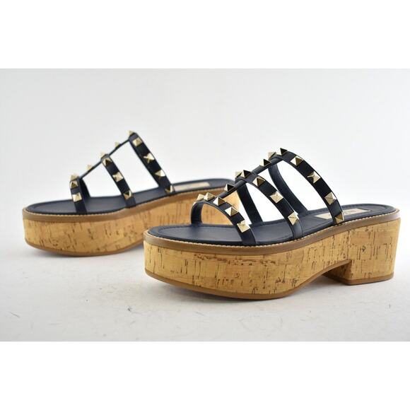 Valentino Rockstud Blue Cork Platform Mule Slide Sandal Block Heel Wedge 35.5 - Picture 7 of 9